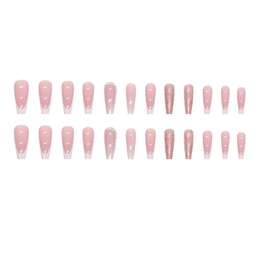 24 Stuks Manicure Nagel Tips Roze Pailletten Glitter Volledige Cover Lange Franse Nep Nagels Ballerina