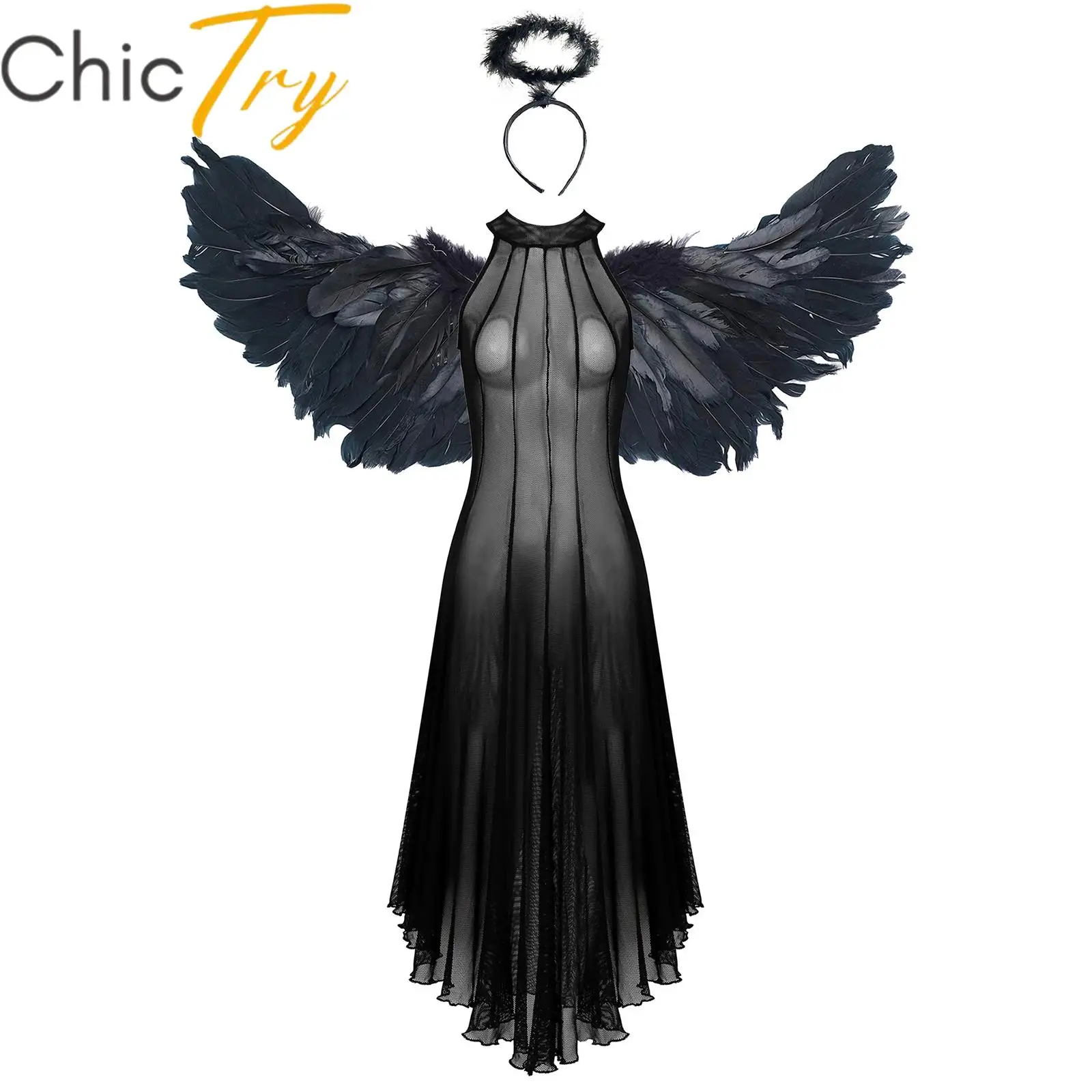 

Women Punk Dress Sleeveless See-through Mesh Dress with Angel Feathers Wings and Headband Sets Medieval Gothic Carnival Dress Up