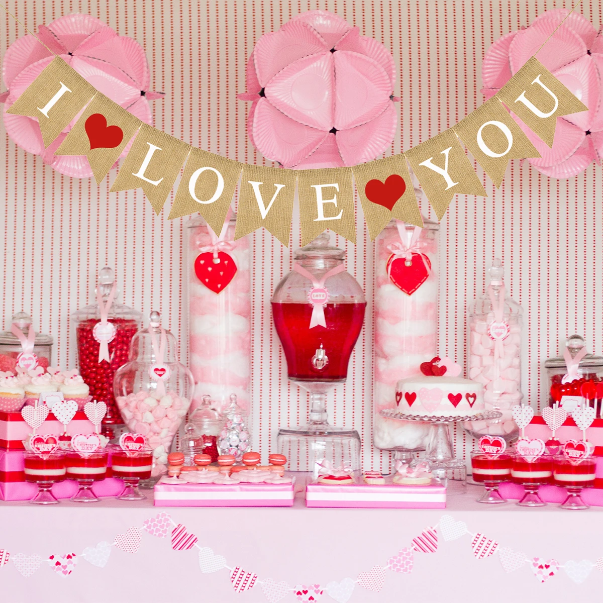 

Valentines Day Banner Burlap I Love You Letters Heart Pattern Linen Garland Hanging Wedding Engagement Party Supplies