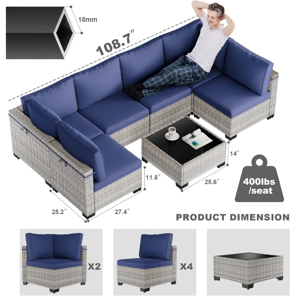 Outdoor Modular Sectional Sofa Set with Plush Cushions, 7-Piece Patio Furniture, Thick-Woven Wicker Rattan, Rust-Resistant