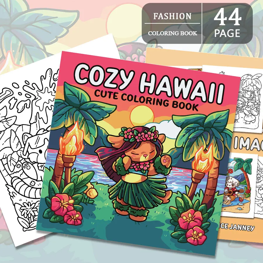 Buku mewarnai "Cozy Hawaii": adat istiadat eksotis, masuk ke dunia ilustrasi Hawaii, dan membawa perjalanan mewarnai yang unik.