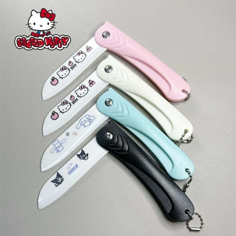 Cuchillo plegable de cerámica Sanrio de HelloKitty para el hogar, 4 piezas, Kawaii, dibujos animados, viaje exquisito, pelador de comida, regalo