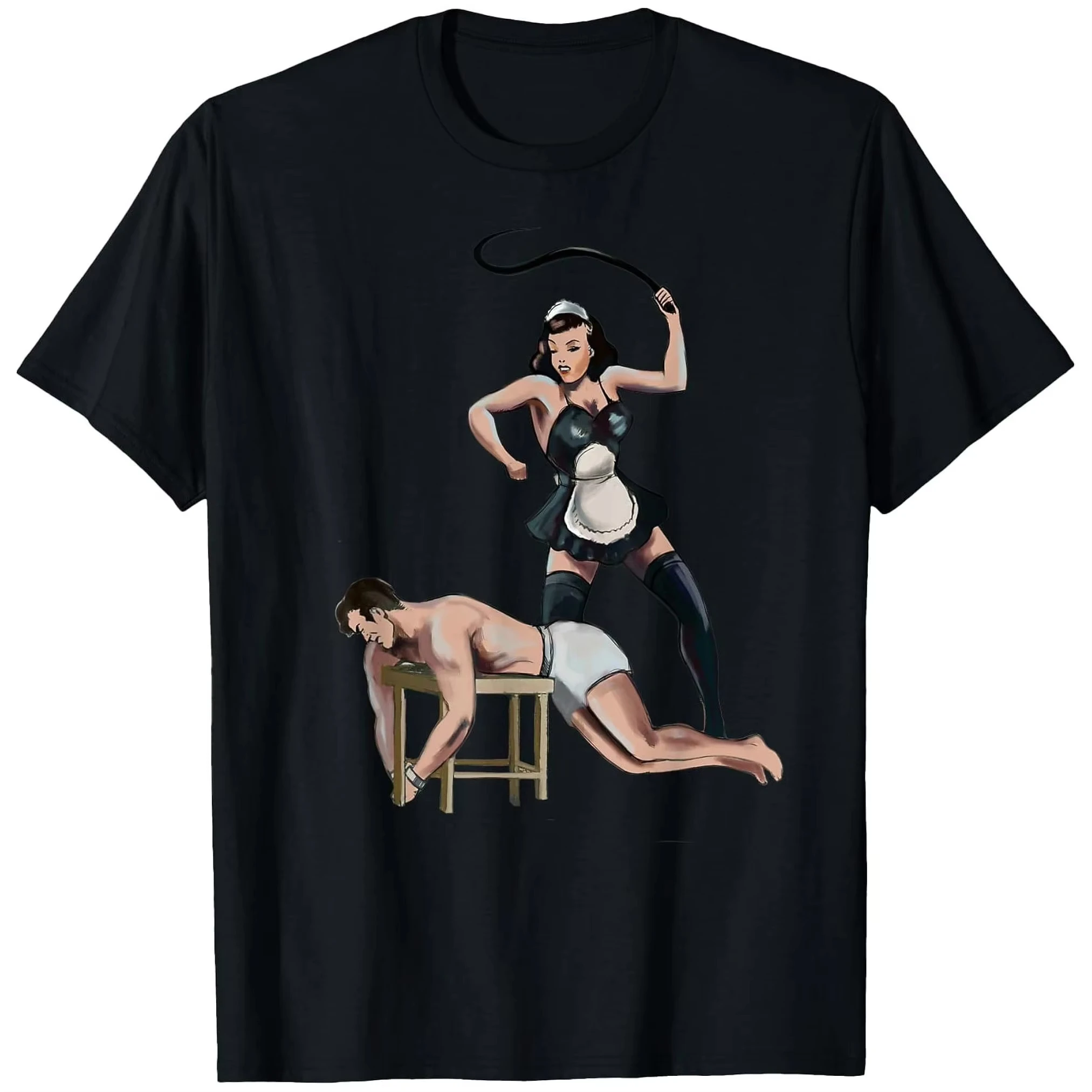French Maid Costume T-shirt Whip and Restraint Role-playing Design, Black Pure Cotton T-shirt, Unique Pattern Print