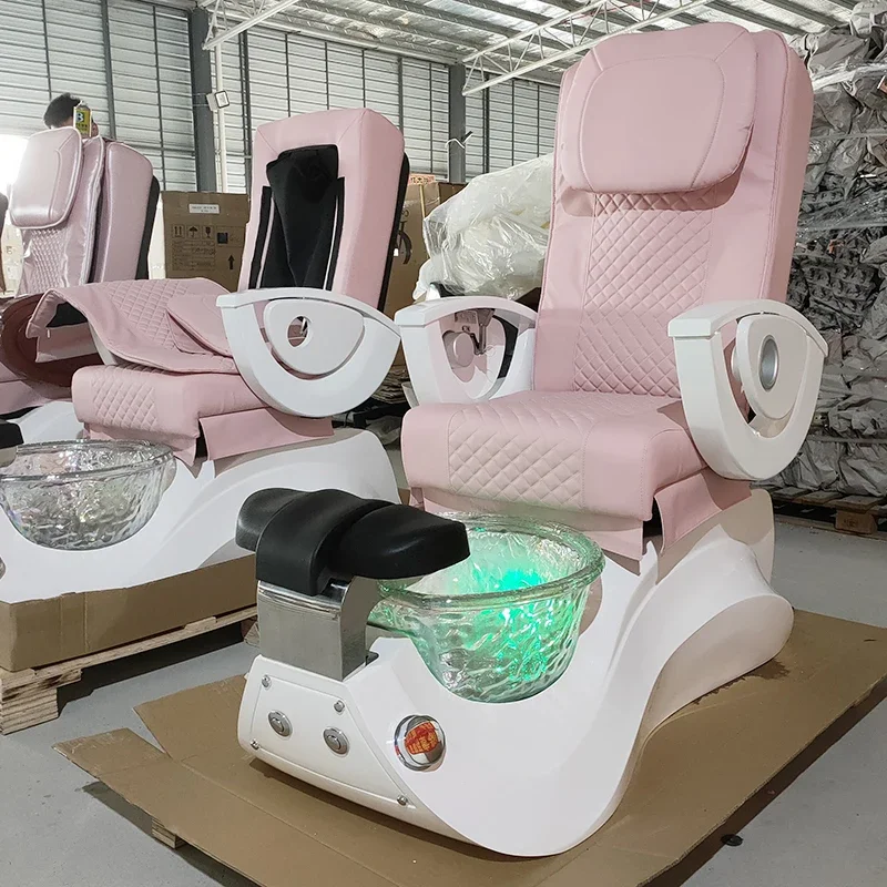 High-end nail salon equipment pink manicure pedicure chair with massage and colorful bowl