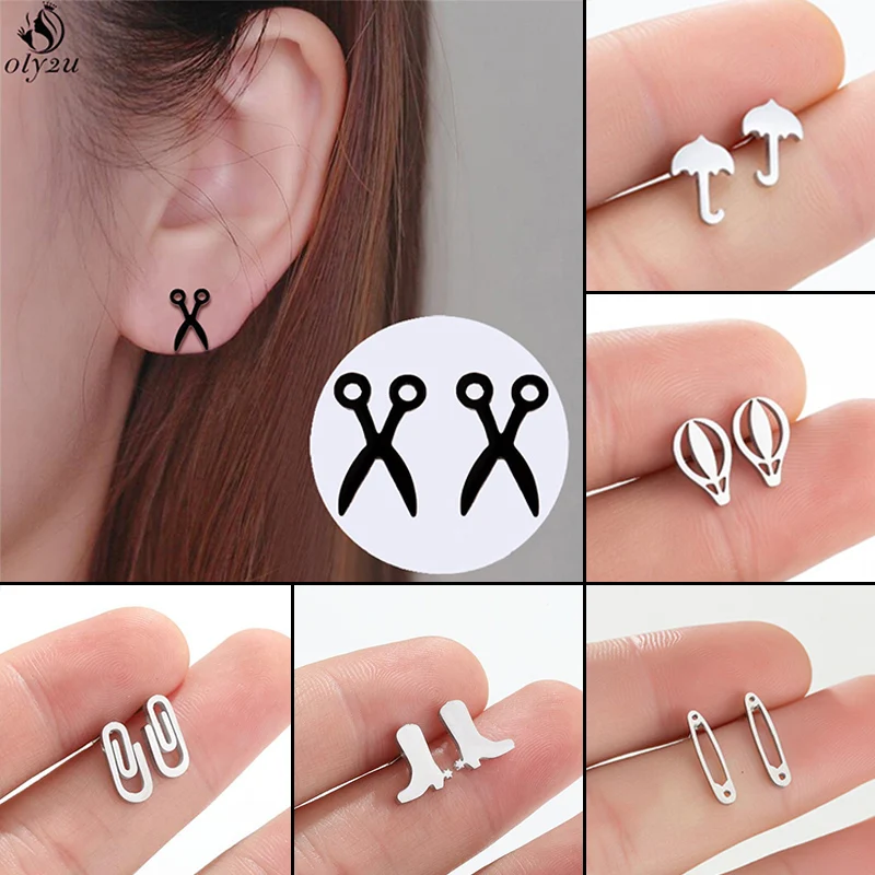 Trendy Stainless Steel Scissors Umbrella Earring Pins Shoes Ear Jewelry Girls Romantic Hot Air Balloon Earrings Gift Accessories