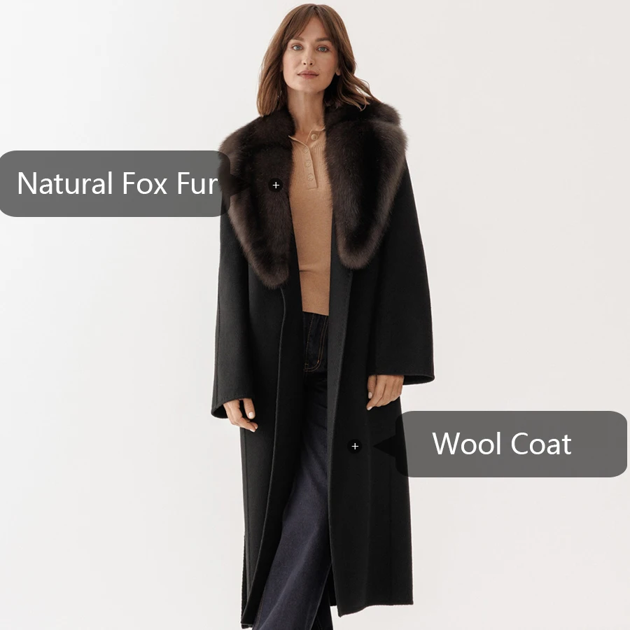 Winter Wool Coat Womens Real Fox Fur Collar Jackets Black Long Women Genuine Fur Coat