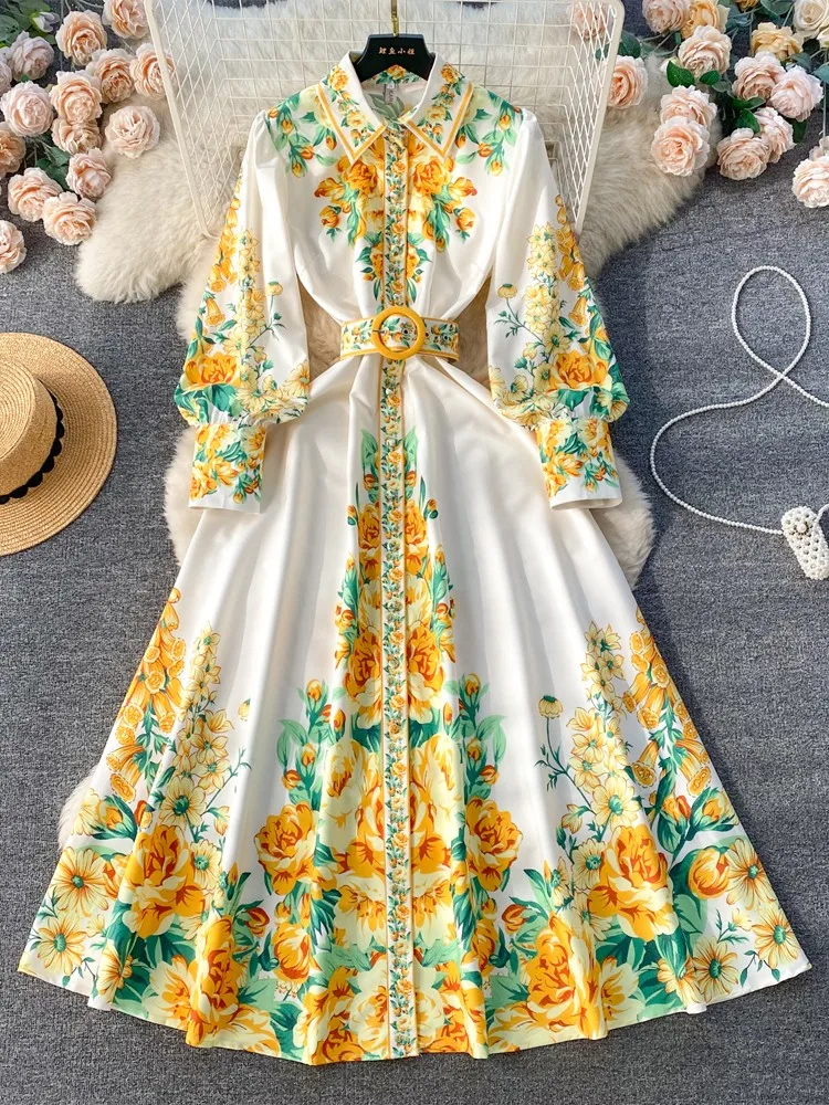 Lusumily 2024 Vintage Court Dress Women Long Elegant Floral Print Party Dresses Loose Ladies Casual Long Robe Female Vestidos