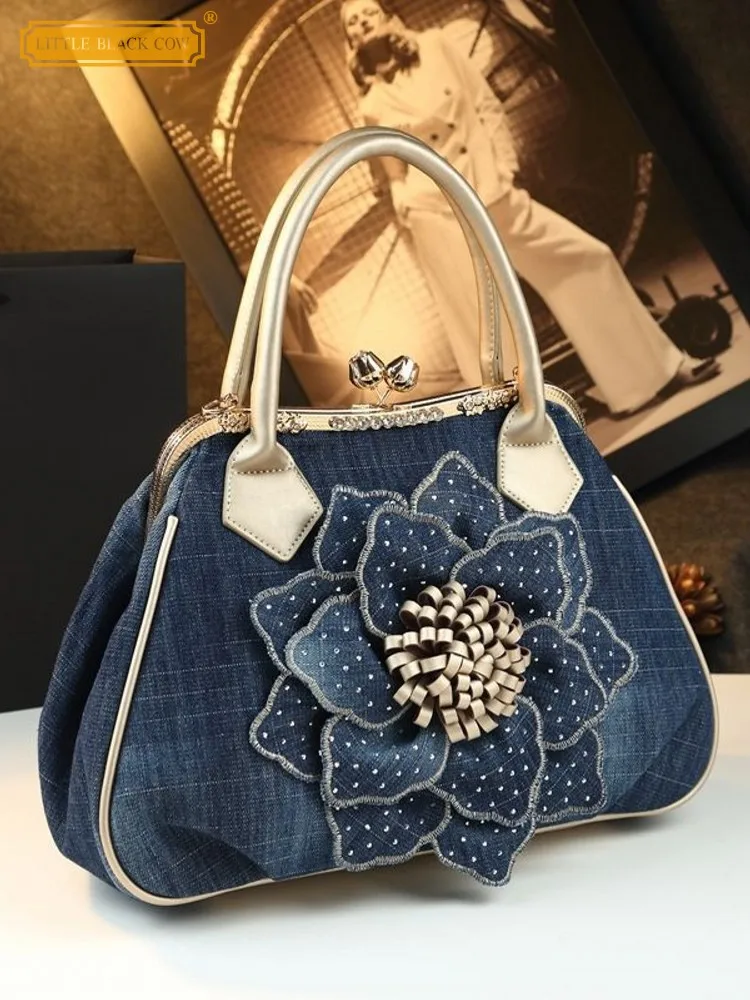 

Дизайнерская модная женская сумка с пряжкой и цветком и бриллиантами, джинсовая парусиновая лоскутная сумка, офисная женская сумка через плечо на одно плечо, подмышками