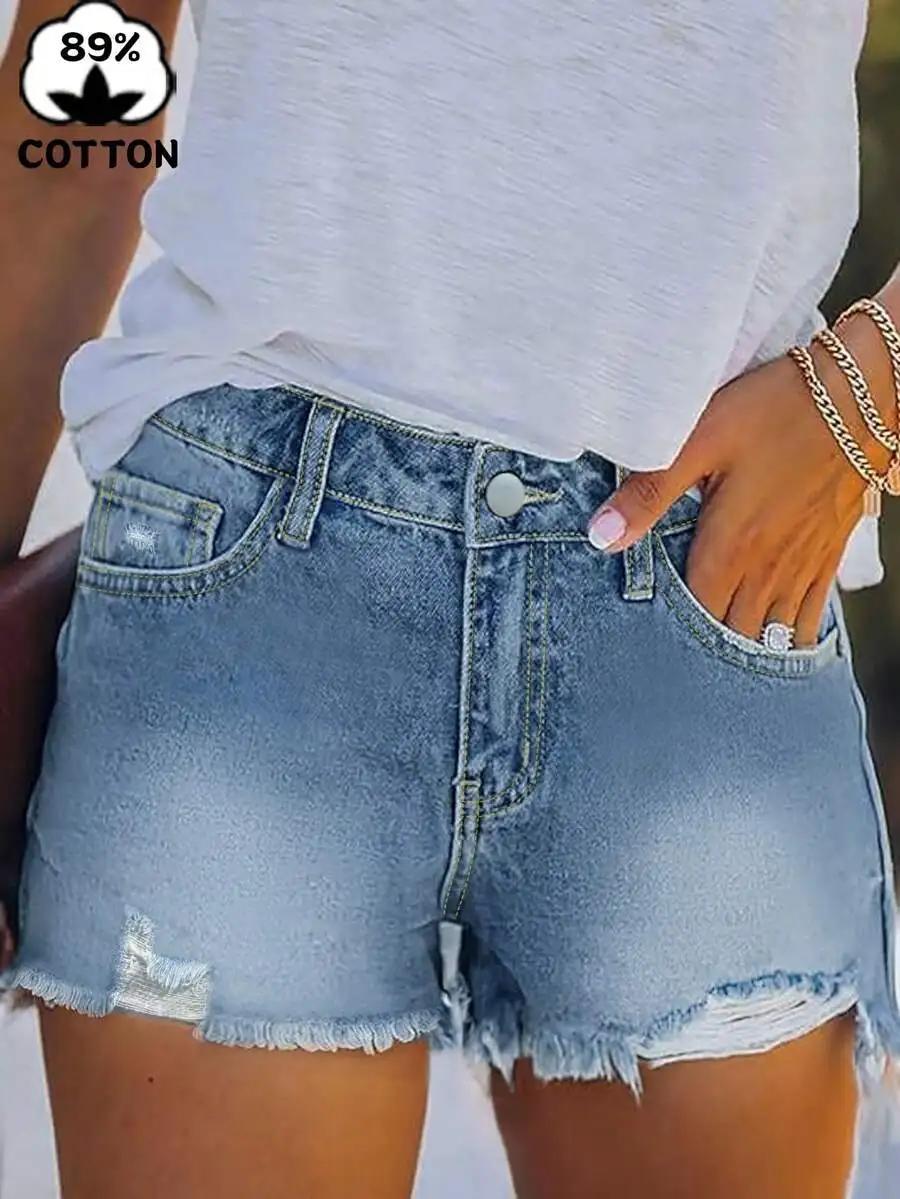 

Women High Waist Distressed Denim Shorts With Frayed Hem Casual Street Style