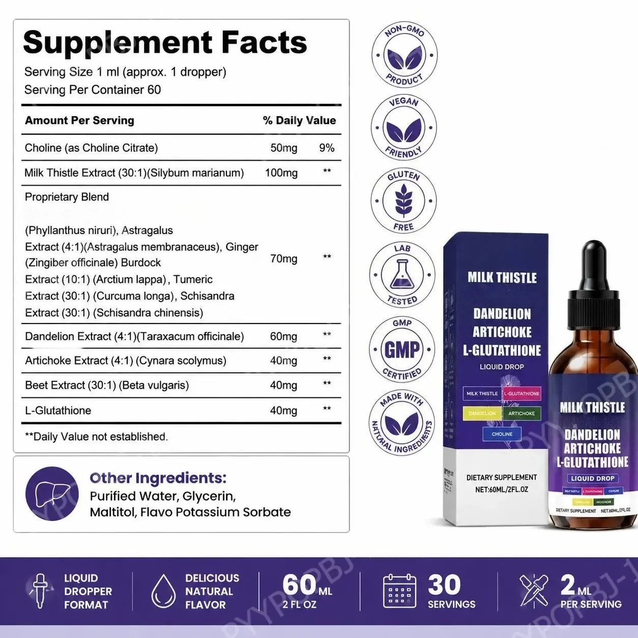Milk Thistle+Choline Liquid Drops with L-Glutathione and Ginger for Liver Metabolic Function and Bile Flow 60 ML