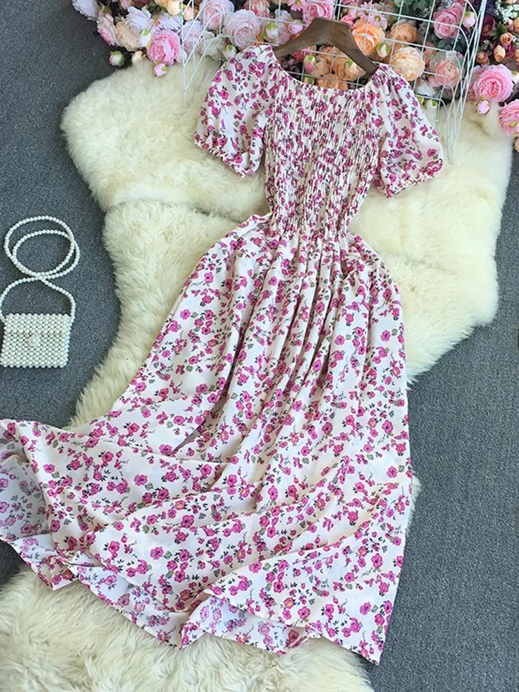 Wakacje na plaży Sukienka z kwiatowym nadrukiem Damska bufiaste rękawy Kwadratowy kołnierzyk Sukienki z wysokim stanem Koreańska moda Długa sukienka na imprezę
