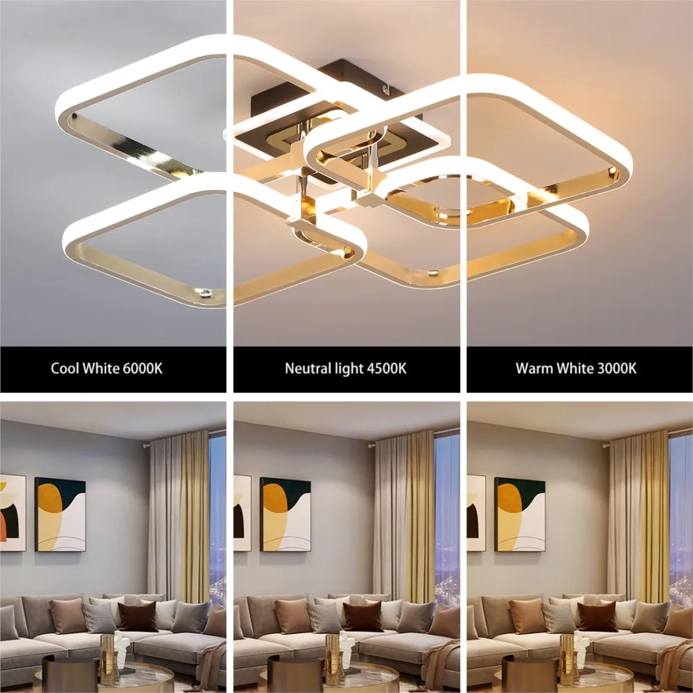 Modern Led Ceiling Lights Led Chandelier Ceiling Lamps For Living Room Bedroom Kitchen Gold/Chrome Square 4heads APP/Remote