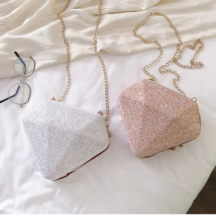 Lantejoula em forma de diamante bolsa tiracolo moda bolsas crossbody, edição coreana cadeia, na moda banquete bolsas festa, 2023