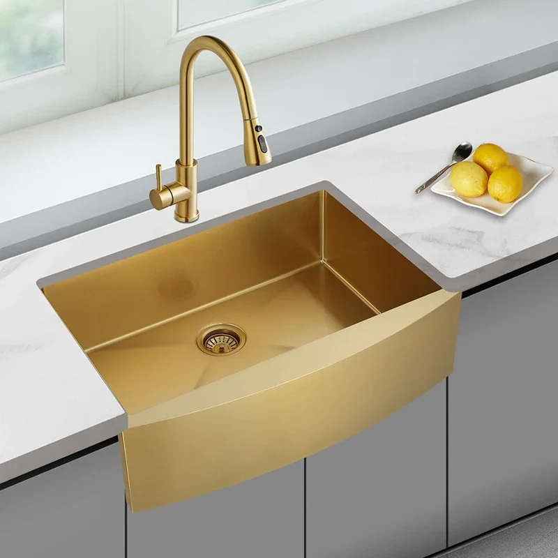 Single Bowl Nano Gold Apron Farmhouse Kitchen Sink Stainless Steel