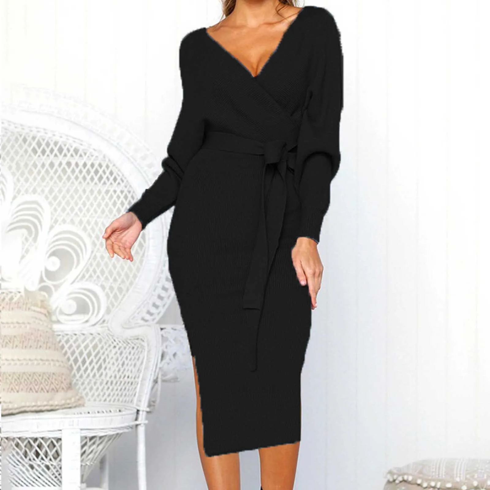 Women'S Knitted Sweater Dress Wrap Belted Tunic Midi Vestidos Long Sleeve V Neck Split Casual Autumn Winter Office Lady Dresses