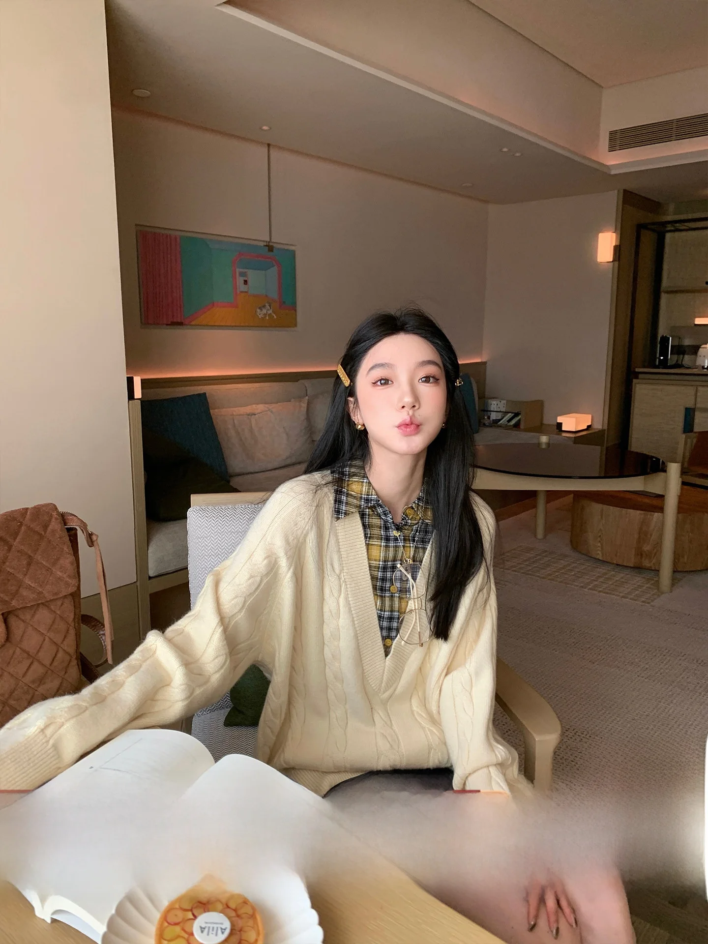 

Ouyang Women's Long Sve Knitted Sweater Winter Loose Sle Plaid Splicing Knot Design Casual Top Faion Commute Sle