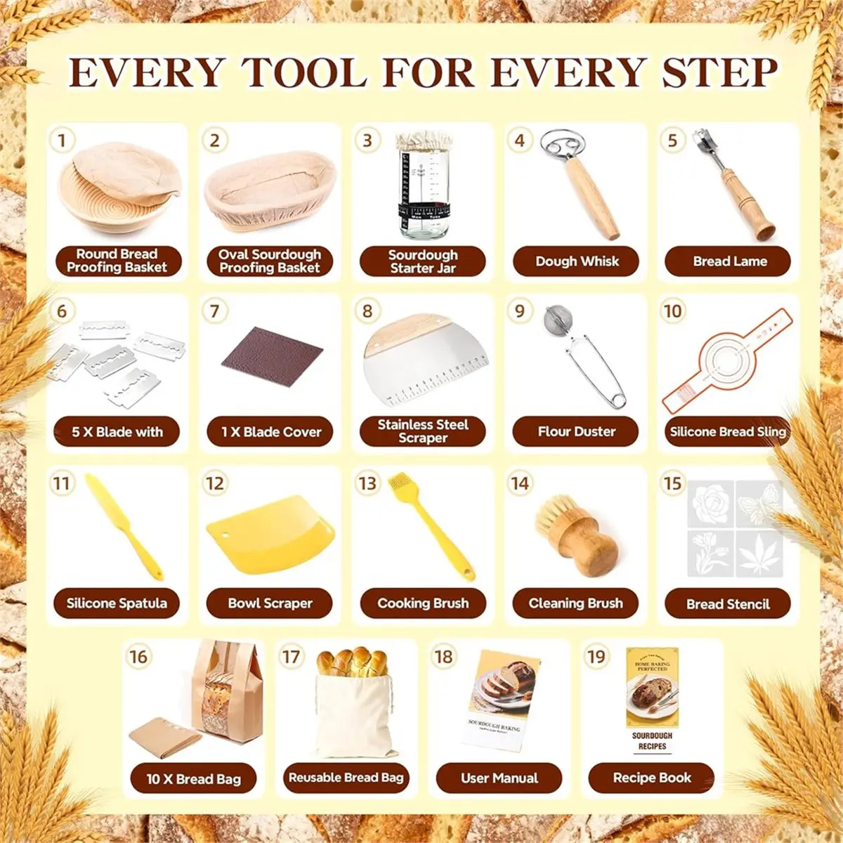 Kit de panificación de masa madre Homegood, suministros para hornear pan de masa madre, cesta redonda y ovalada para fermentar e