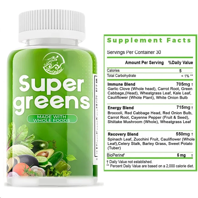 Super Vegetable Supplements, Food Vitamins and Minerals, Vegetable Capsules Suitable for Women, Men, and Children 60 capsules