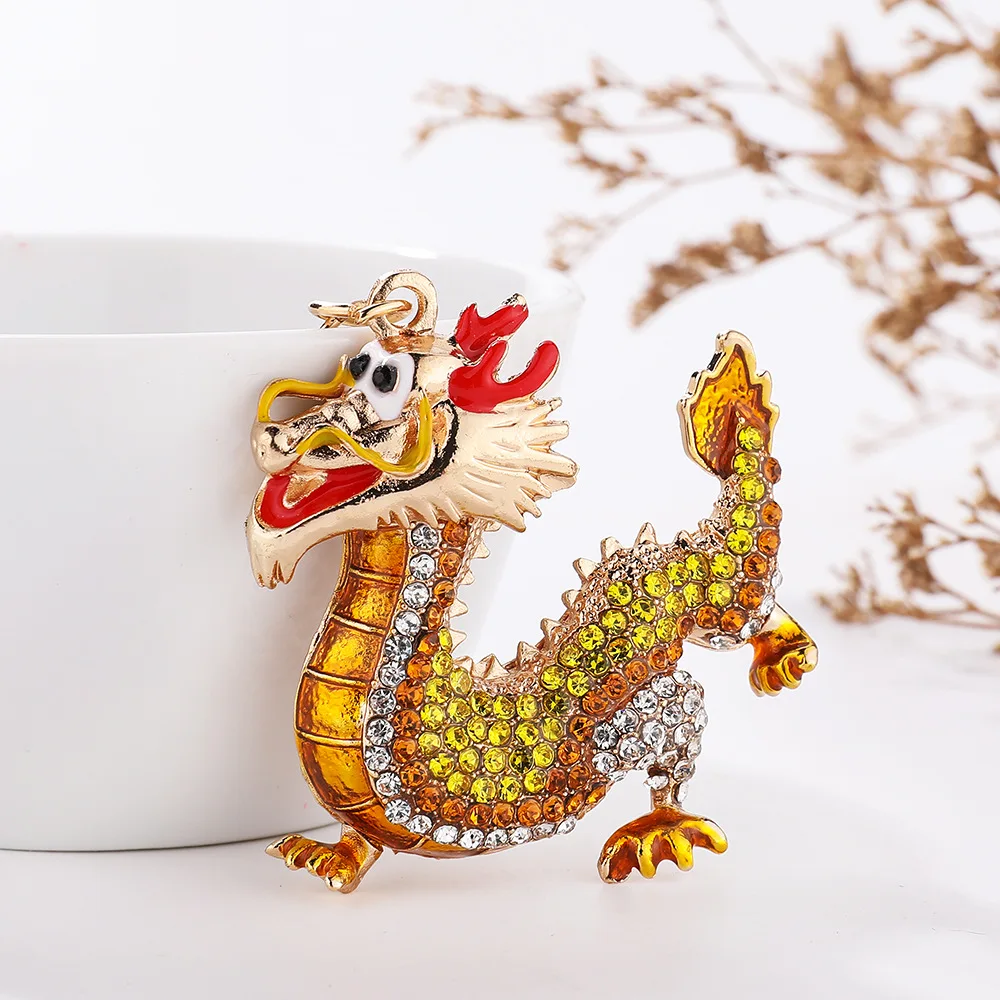 Dragon Keychains With Rhinestones Inlay Lucky Chinese Dragon Hanging Ornament Keyring 3d Cartoon 2024 New Year Gifts Key Holders