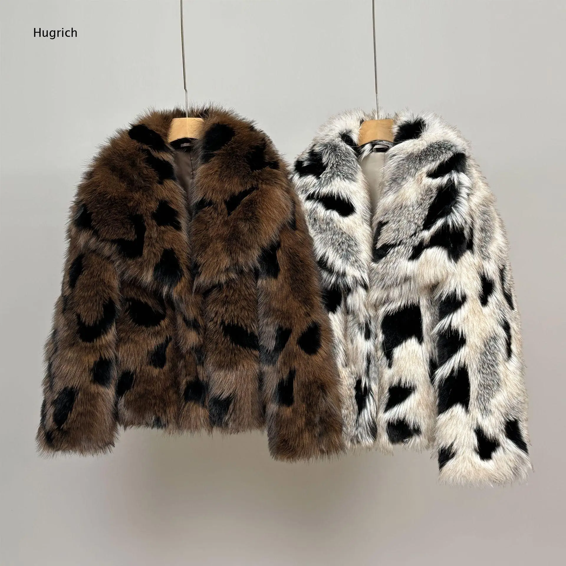 Women Loose Fit Leopard Print Faux Fur Cropped Coat Big TurnDown Collar Long Sleeve Thick Furry Fall Winter Out Jackert
