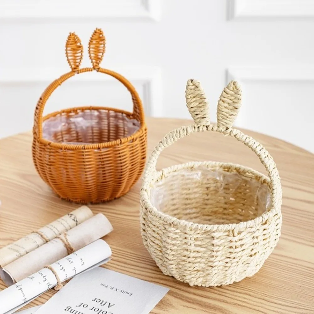 Cartoon Rabbit Ear Storage Basket Multifunctional with Handles Egg Gathering Ornaments Hand Woven Basket Easter Festival Gift