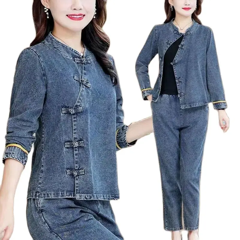 XL-5XL Denim Suit Women Retro Cowboy Two Piece Set 2023 Spring Autumn Middle age Female Casual Button Top+Jeans 2 Piece Set