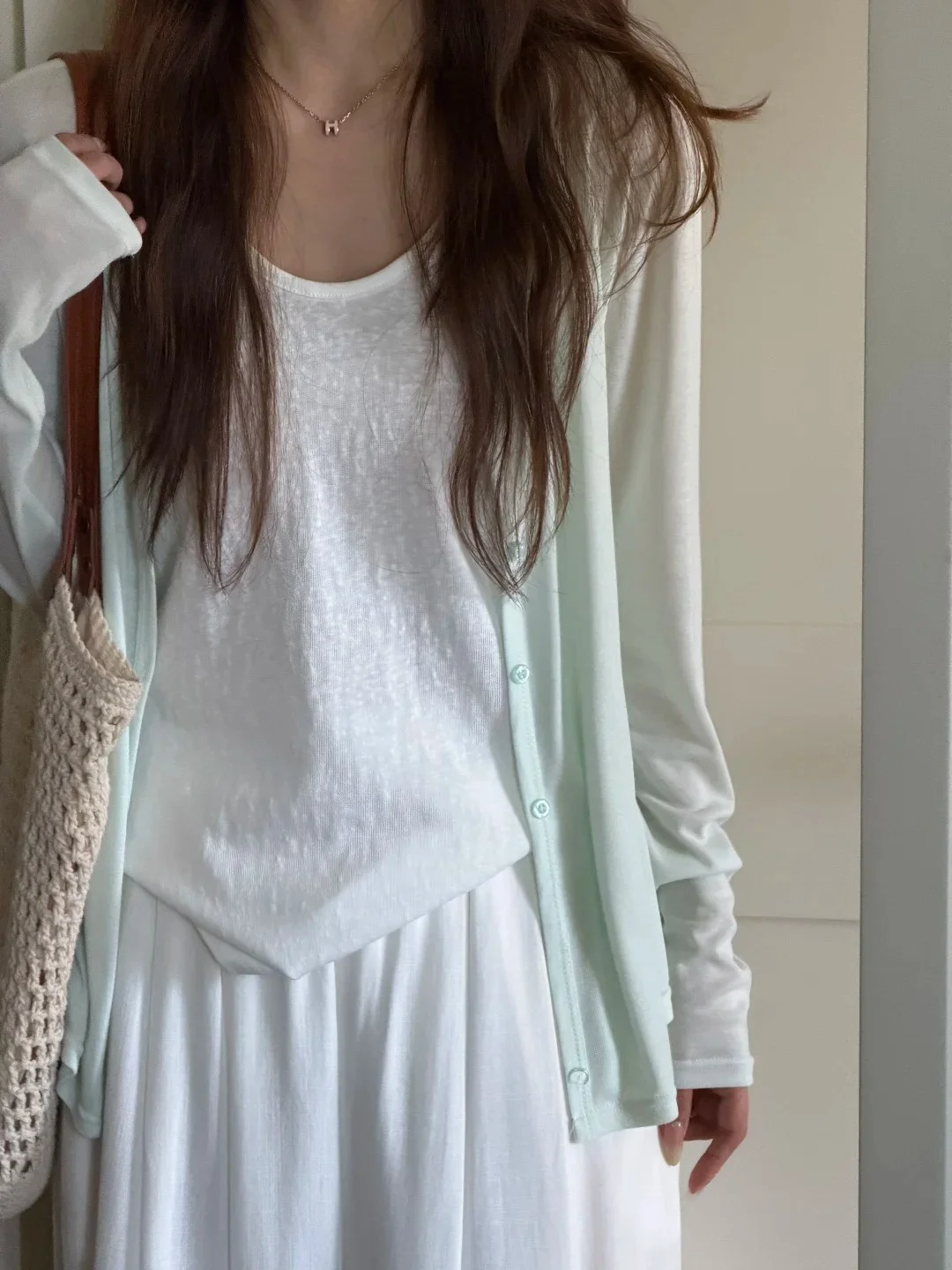 Mint Green Lightweight Summer Sun Protection Long Sleeve V-Neck Women's Open Cardigan Cool Feeling Slimming Air Conditioning Top