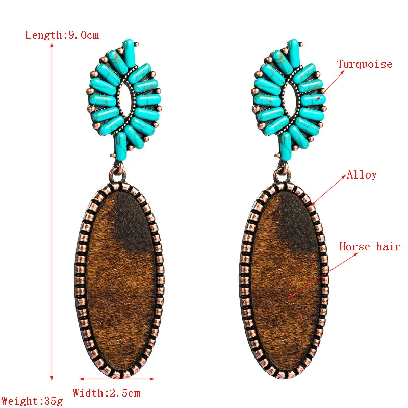New creative exaggerated leather earrings women's alloy plated ancient silver inlaid turquoise light luxury niche banquet earrin