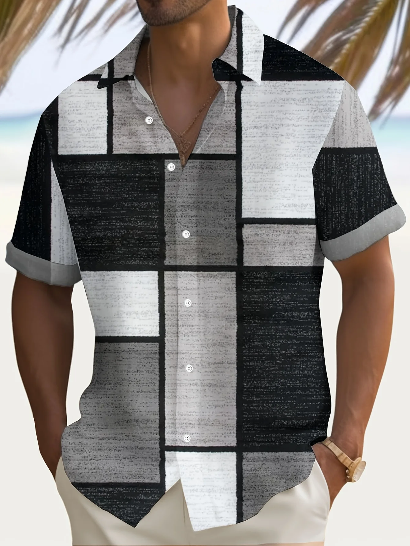 Men Black White Mondrian Square Distressed Texture Vintage Short Sleeve Shirt