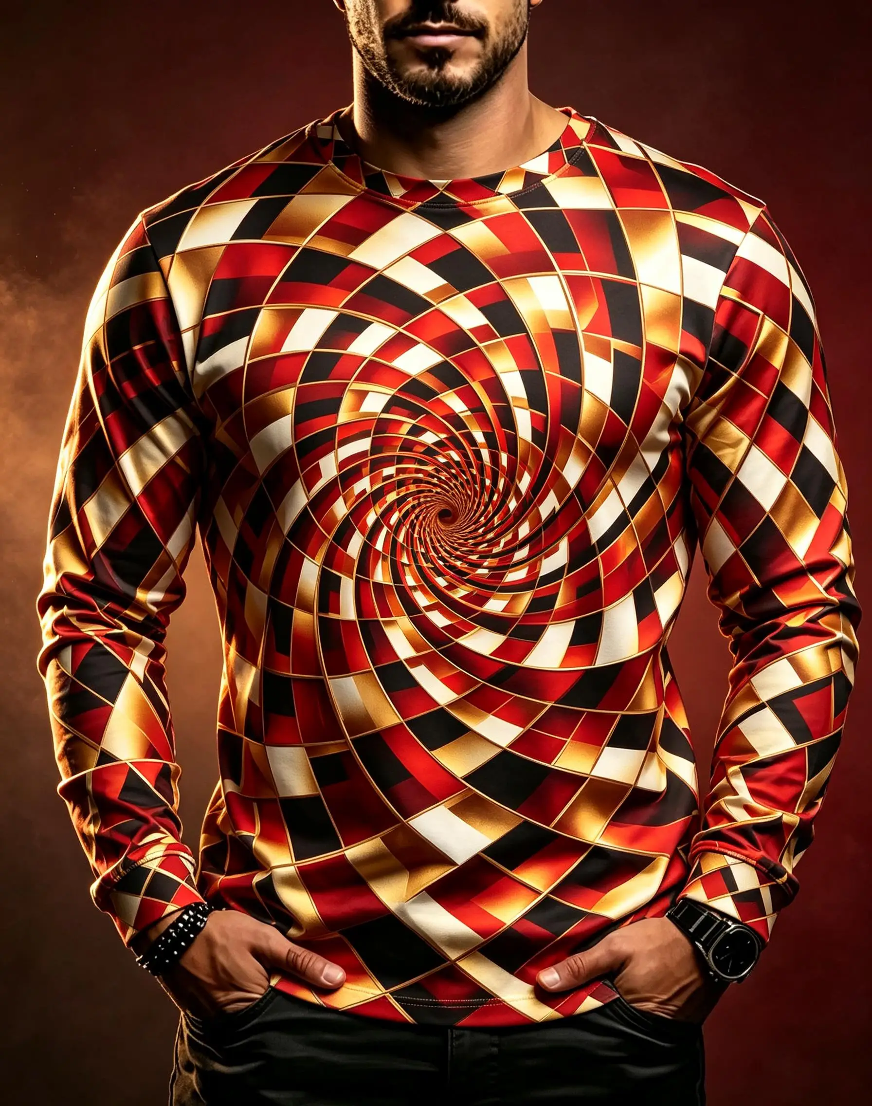 Psychedelic Swirl Geometric Optical Illusion Graphic Long Sleeve Tee, Men Polyester Abstract Hypnotic Shirt