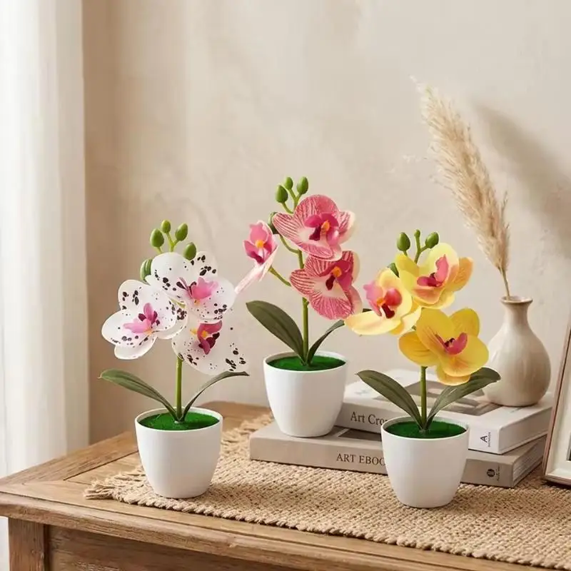 1pc Artificial Orchid Potted Plant 3 Heads Mini Phalaenopsis Fake Flower Plastic Desktop Ornament Home Living Room Decoration