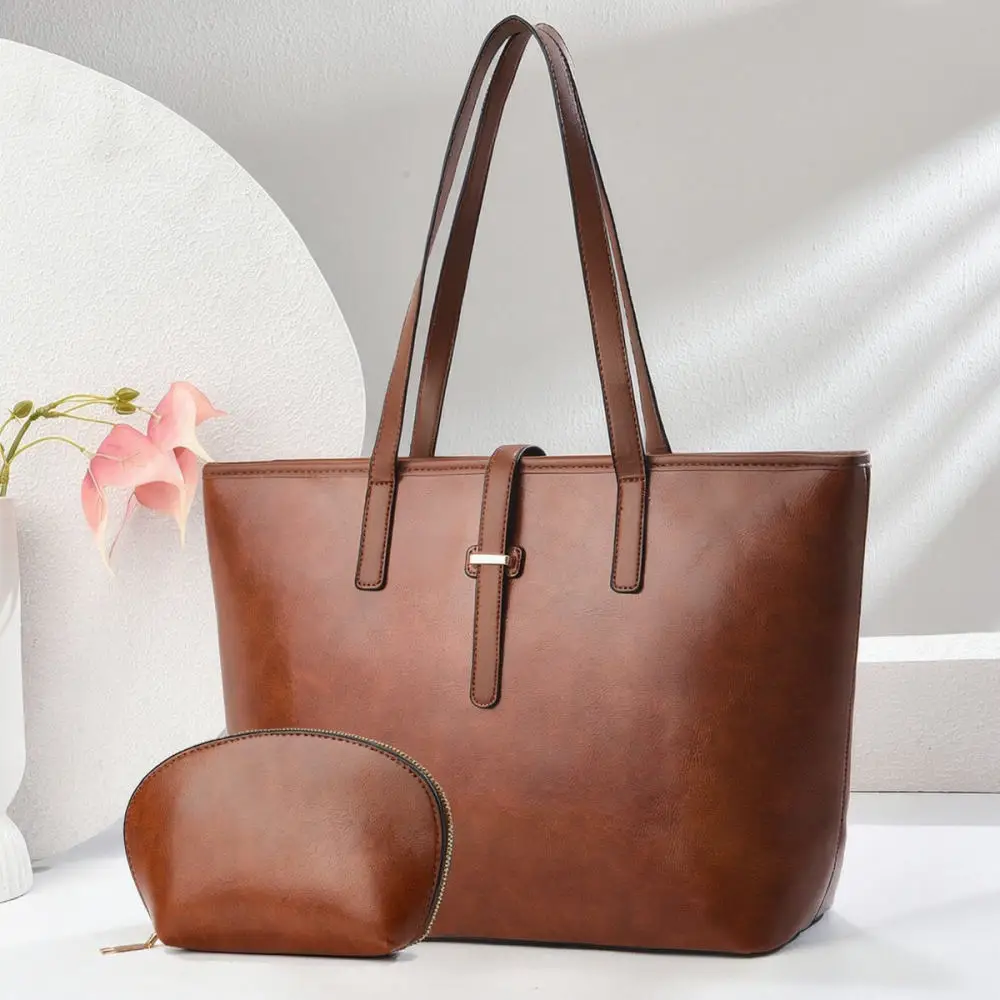 Fashion Women Tote Bag Set Solid Color PU Leather Handbag Casual Shoulder Crossbody Bag Zipper Large Capacity Office Daily Purse