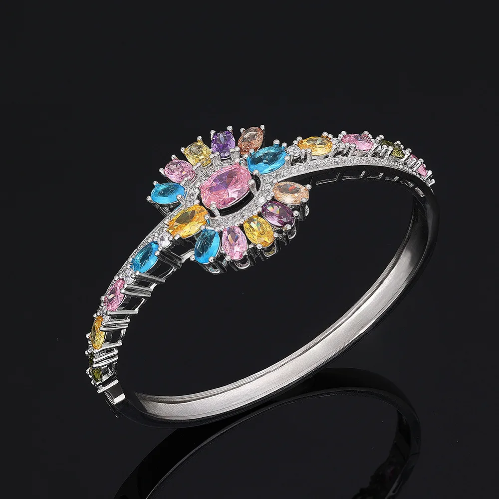 New Women Bridal Jewelry Set Copper Micro Inlaid Colorful Full Zircon Necklace Earrings Ring Bracelet Evening Christmas Gift