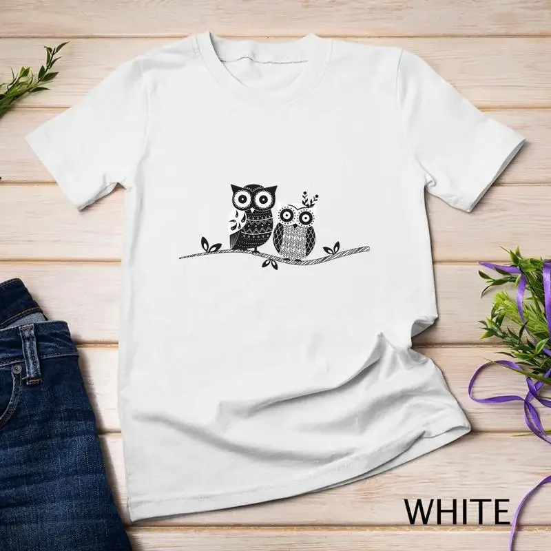 Camiseta unisex con diseño de búhos vintage en blanco y negro estilo bohemio