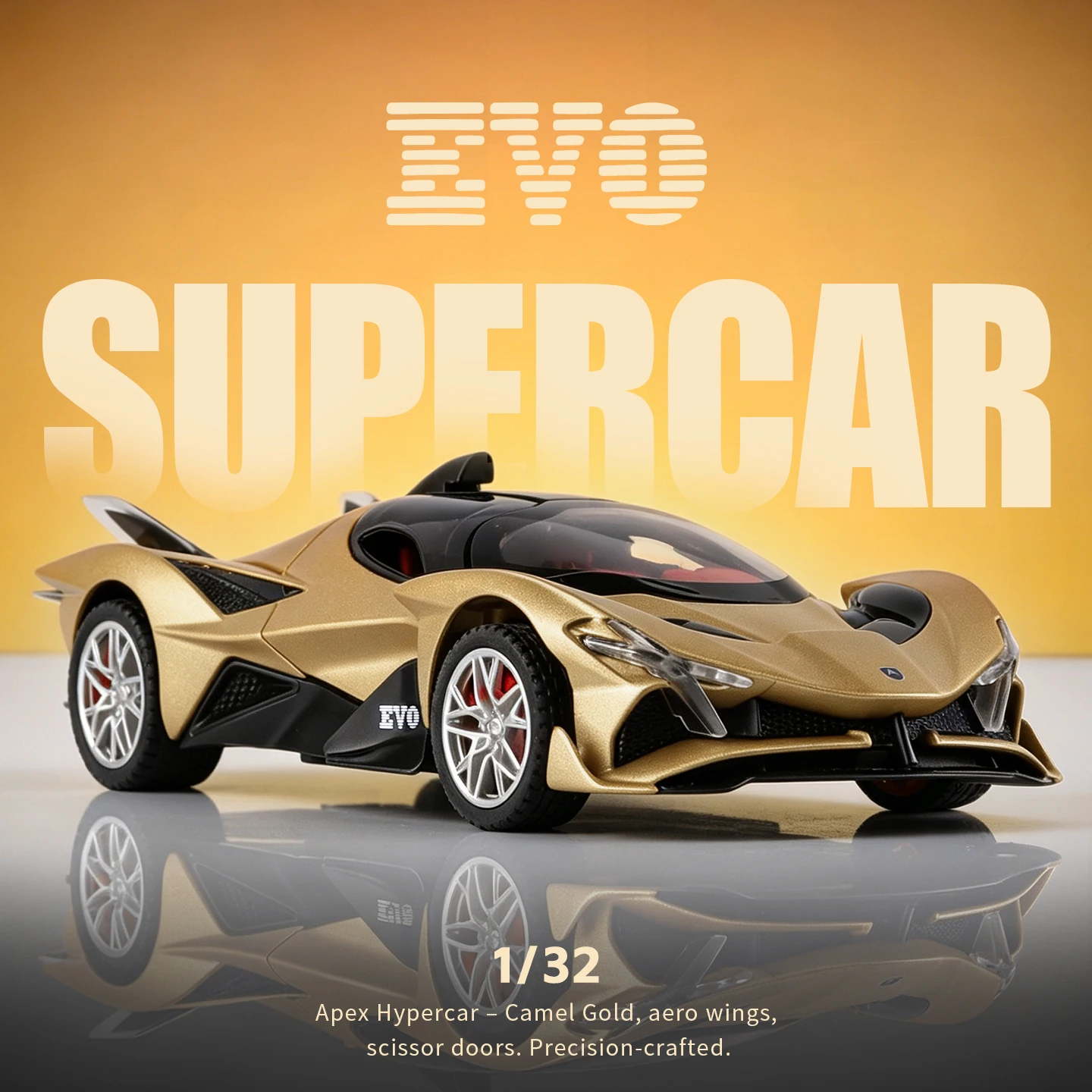 1:32 Golden Apex EVO Bull Hybrid Hypercar Die-cast Replica Vehicle Open Scissor Door Light Sound Pull Back Function Sports Gifts