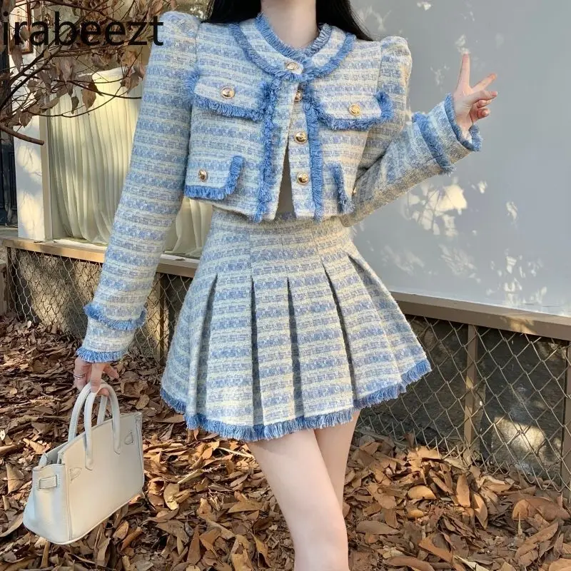 Spring and Autumn 2024 New Tweed Puff Sleeve Coat Thin Pleated Skirt Elegant Set Female Winter Conjunto Twede Feminino