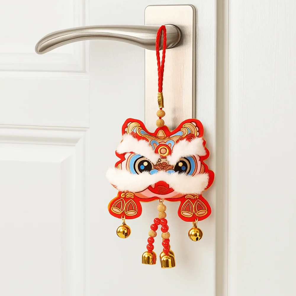 Traditional Chinese New Year Decoration Cartoon with Bells Lunar New Year Ornament Waking Lion Wall Hanging Door Decor