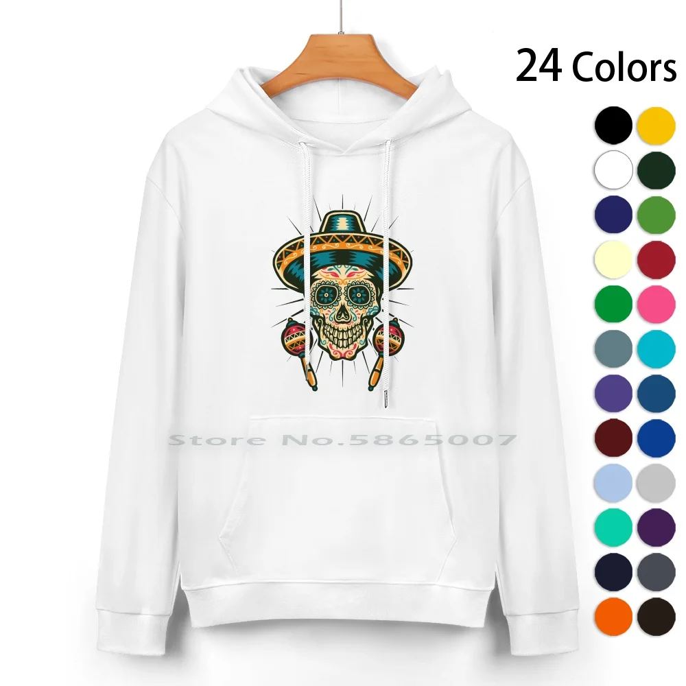 Mexican Skull And Maracas Pure Cotton Hoodie Sweater 24 Colors Mexico Celebration Ornament California Cartoon Catholic Colorful