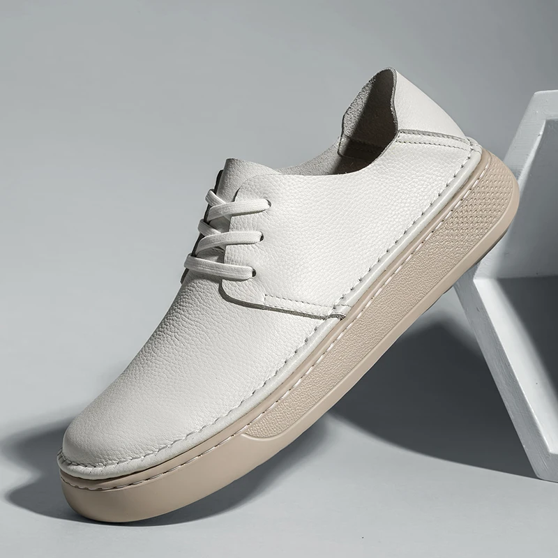 Fashionable Summer Men's Comfortable Top Layer Cowhide Thick Sole Non Slip Single Shoe Brand New Round Toe Lace Up Casual Shoes