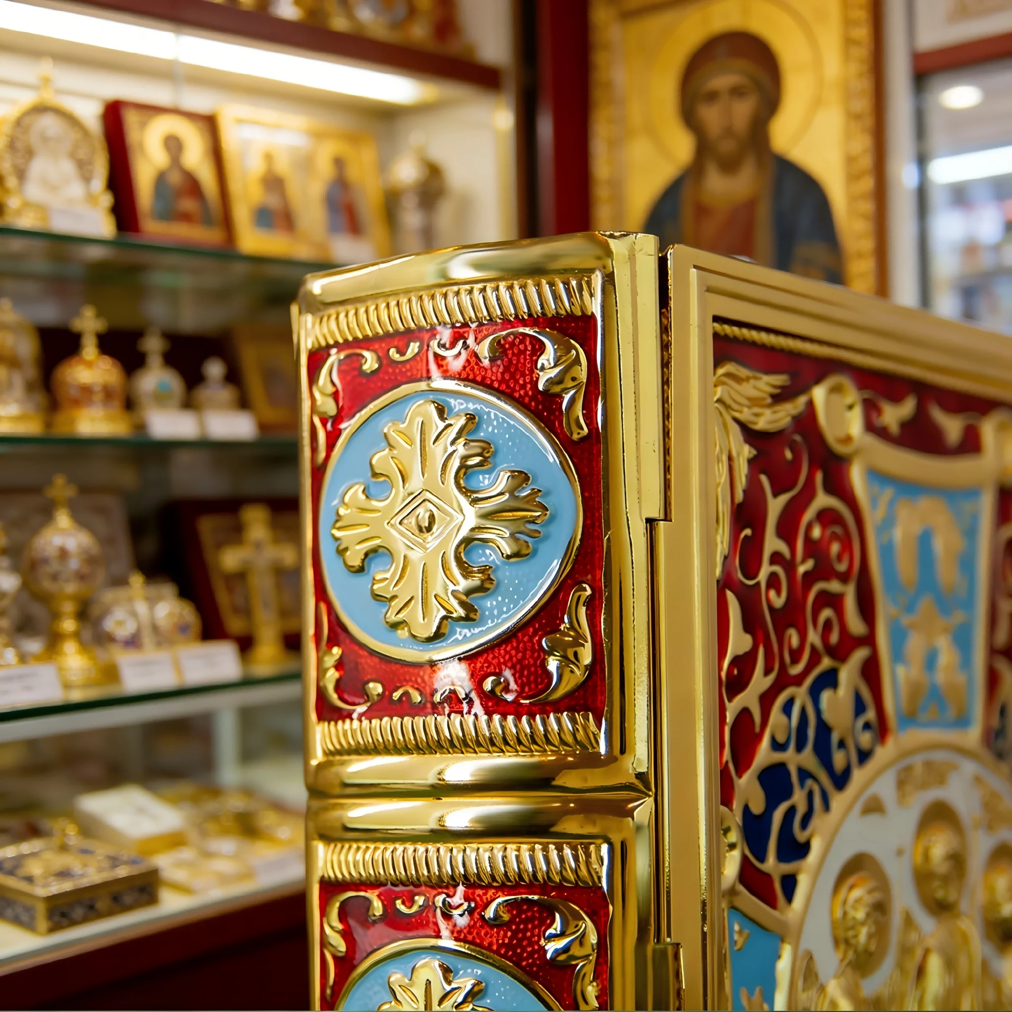 Vergoldeter Umschlag für das Evangelium der Orthodoxen Kirche mit emailliertem Kreuz für die Liturgie, den Heimaltar, Gebete, Andacht, christliches Geschenk, Dekorationsgeschenk – Detail 3