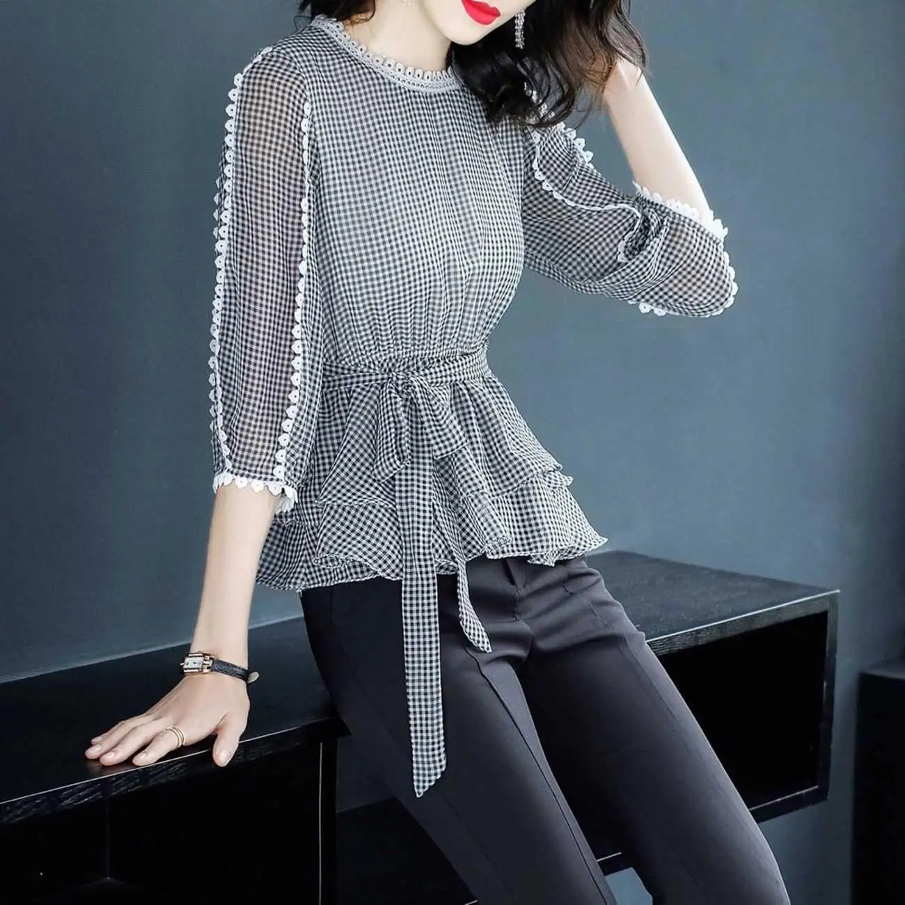 Spring Summer Ruffle Plaid Lacing Shirt Tops 3/4 Sleeve O-Neck Loose All-match Plus Size Blouse Fashion Elegant Women Clothes