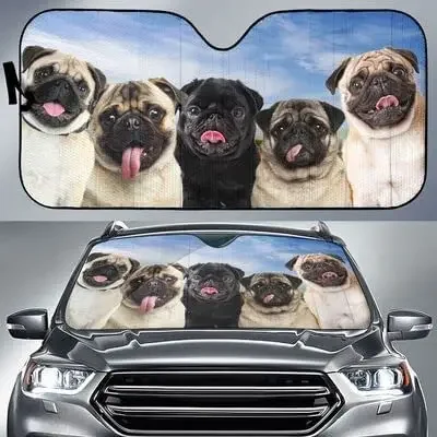 Funny Pug Family Dog Lover Car Sunshade, Pug Front Window Sun Cover for Pugs Lover, Pug Auto Sunshade for Car Decor, Car Windshi