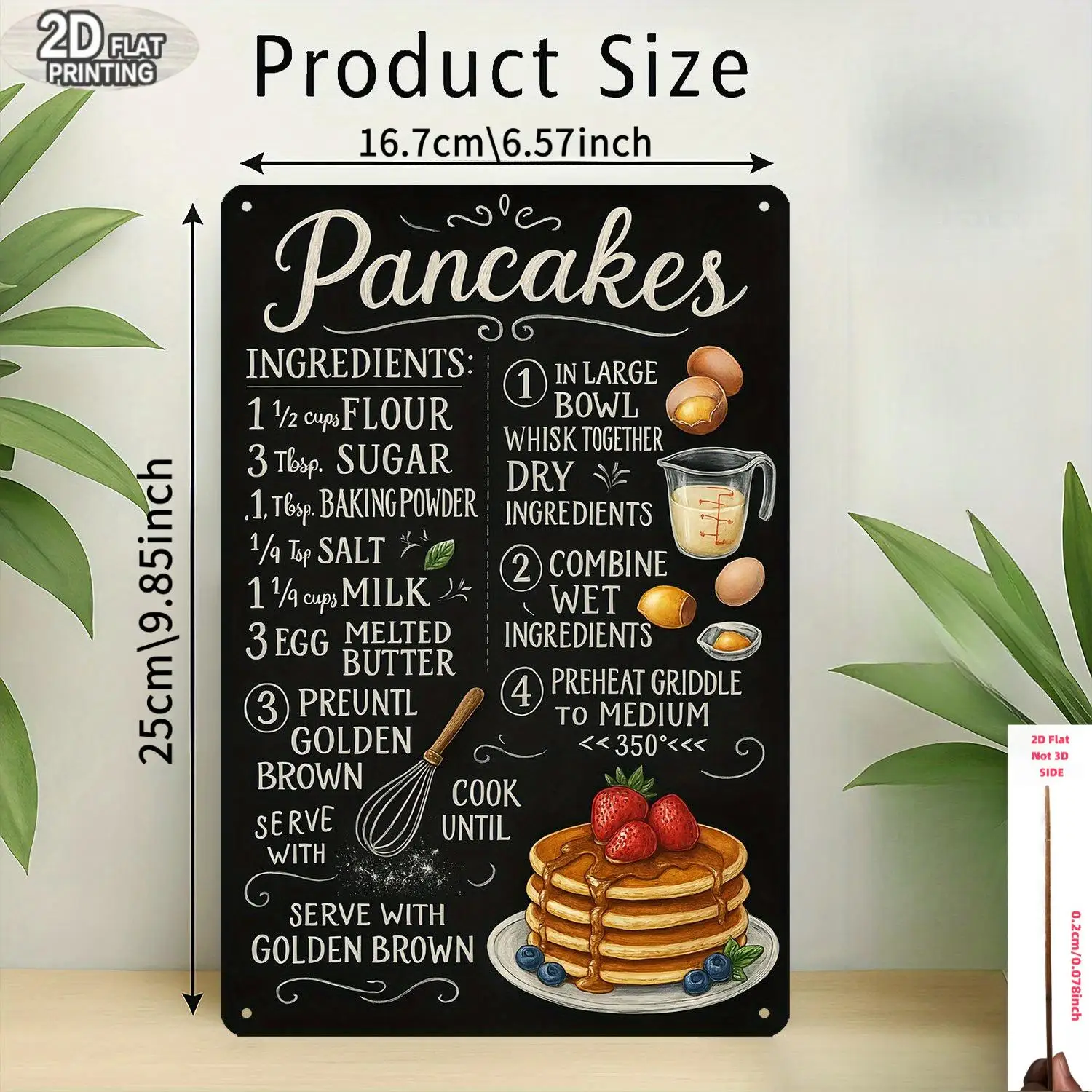 Pancake Recipe Wooden Sign, Black Chalkboard Kitchen Decor, 2D Flat Print Cooking Chart, Café Home Wall Art