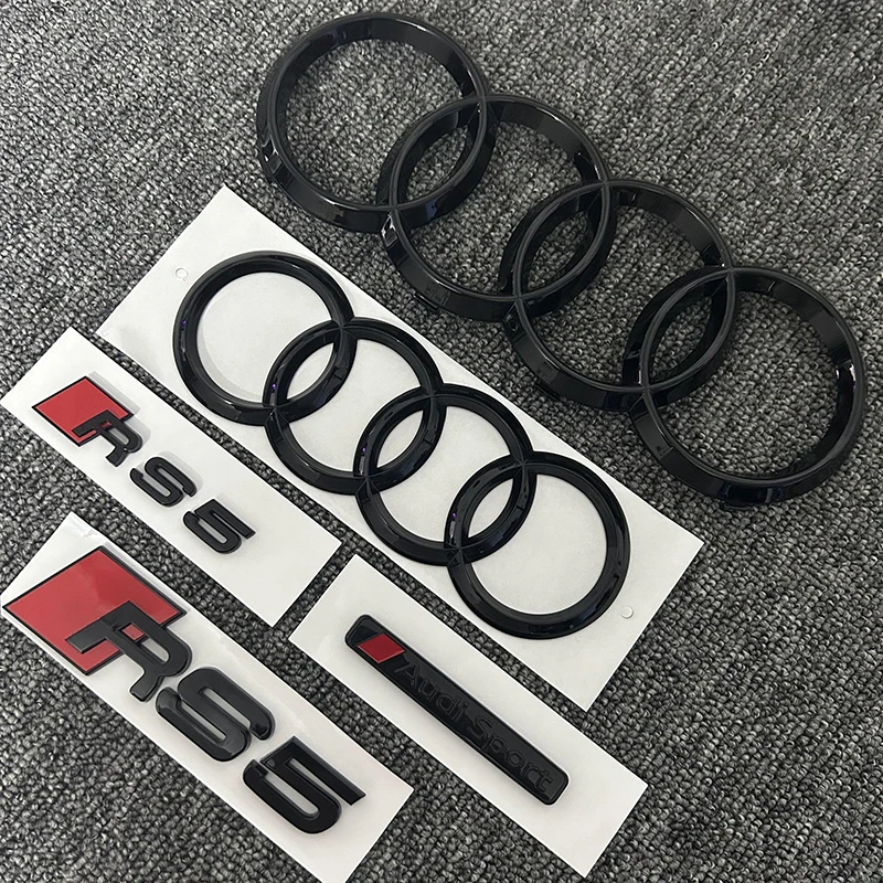 AUDI RS5 2016-2020 2PCS 4Ring logo ABS Black Car Hood Front Grill Emblem Rear Trunk Badge Sticker 2P RS5 1P AUDI Sport  Emblem