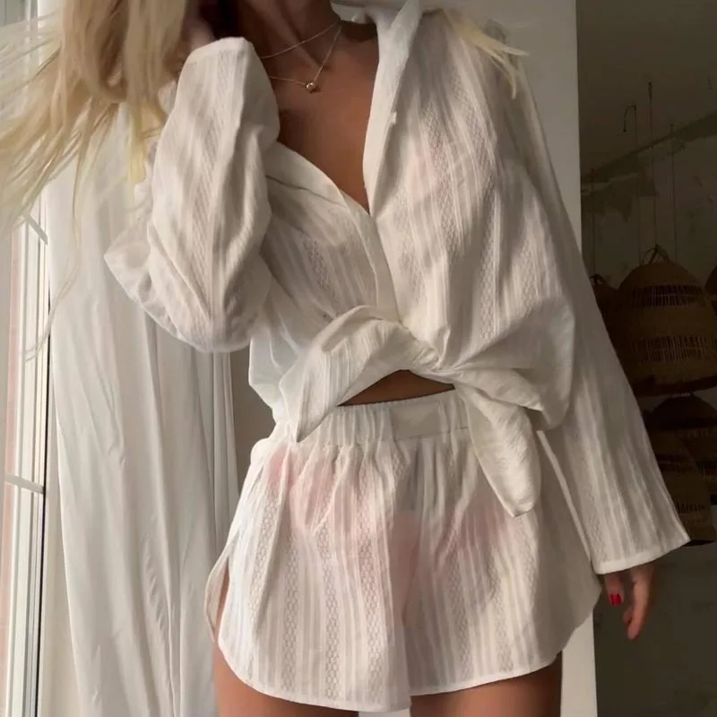 Women Pleated 2 Piece Pants Sets Spring Summer Streetwear Long Sleeve Button Down Shirt Short Pants Loose Outfits Blouses Female