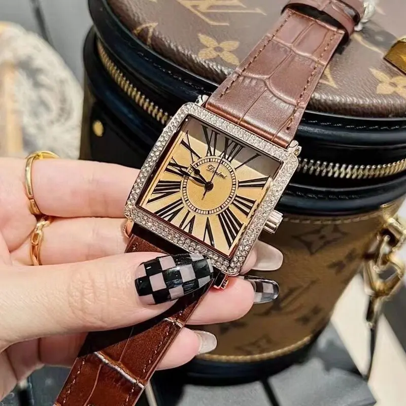 New Square-Faced Watch With A Large Dial, Vintage Brown Leather Strap, And A Sophisticated, European-Inspired Design For Women.
