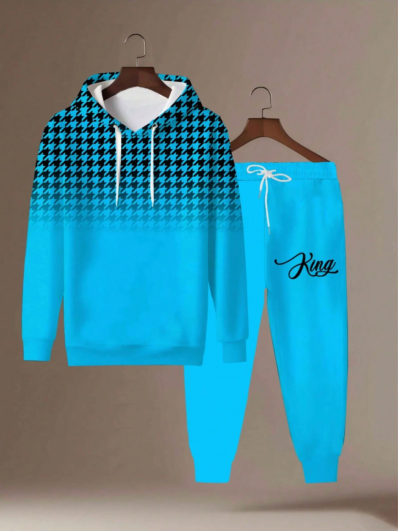 

Plus Size Men Hoodie And Sweatpants Set Gradient Houndstooth Pattern Casual Sports Outfit