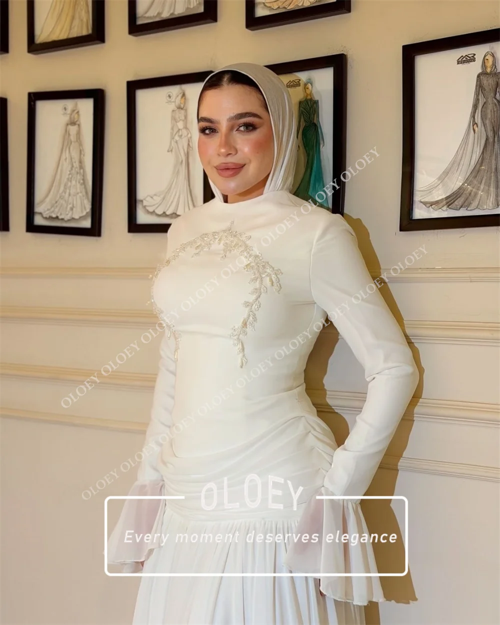 OLOEY Vintage Mermaid Muslim Wedding Dress with Hijab O Neck Women's Bridal Gown Customized Pleated Chiffon Robe De Mariage