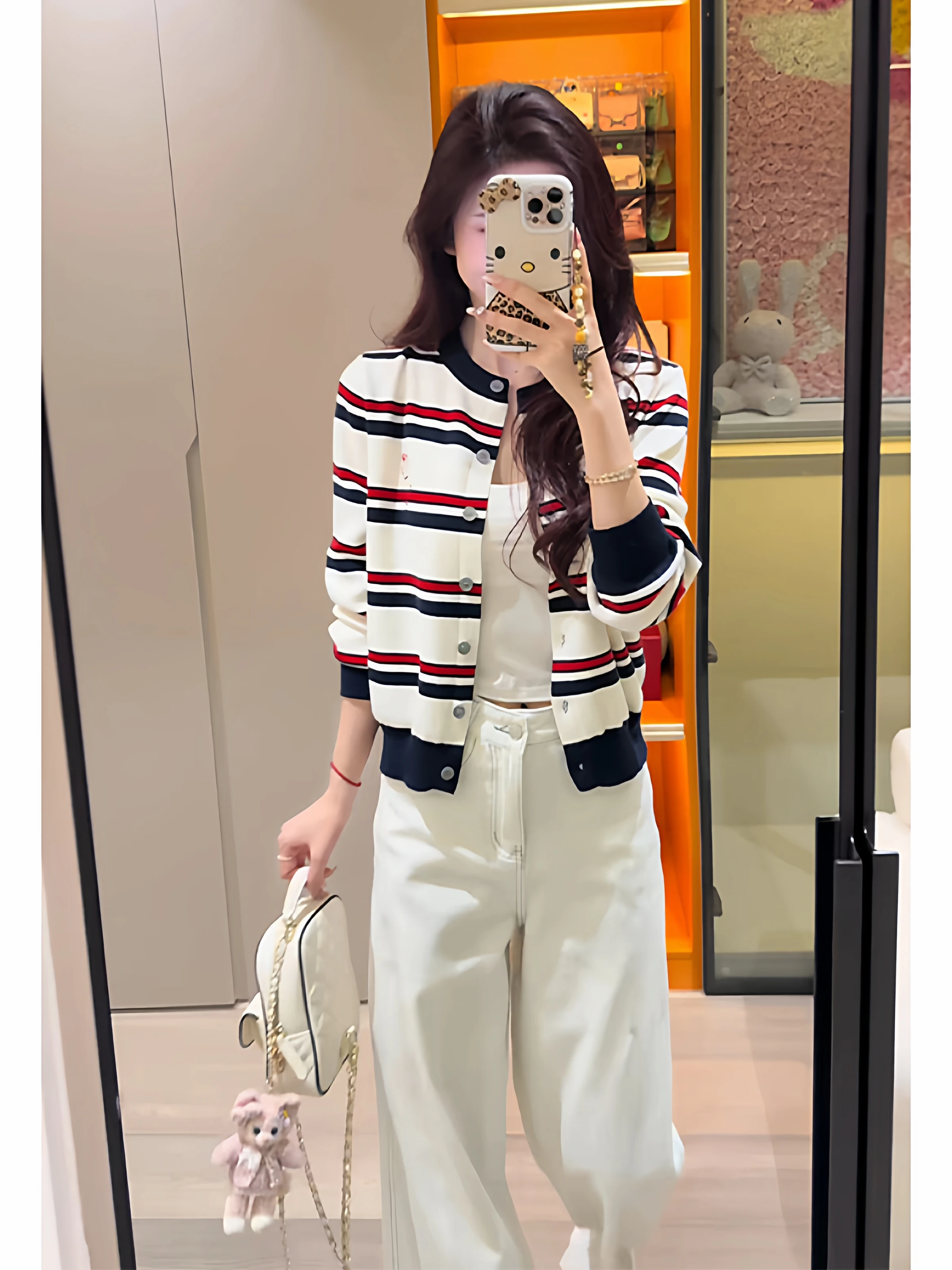 Color Block Striped Knitted Short Cardigan Women's Fashion Korean Style Early Autumn New Arrival Warm Soft Long Sleeve Top