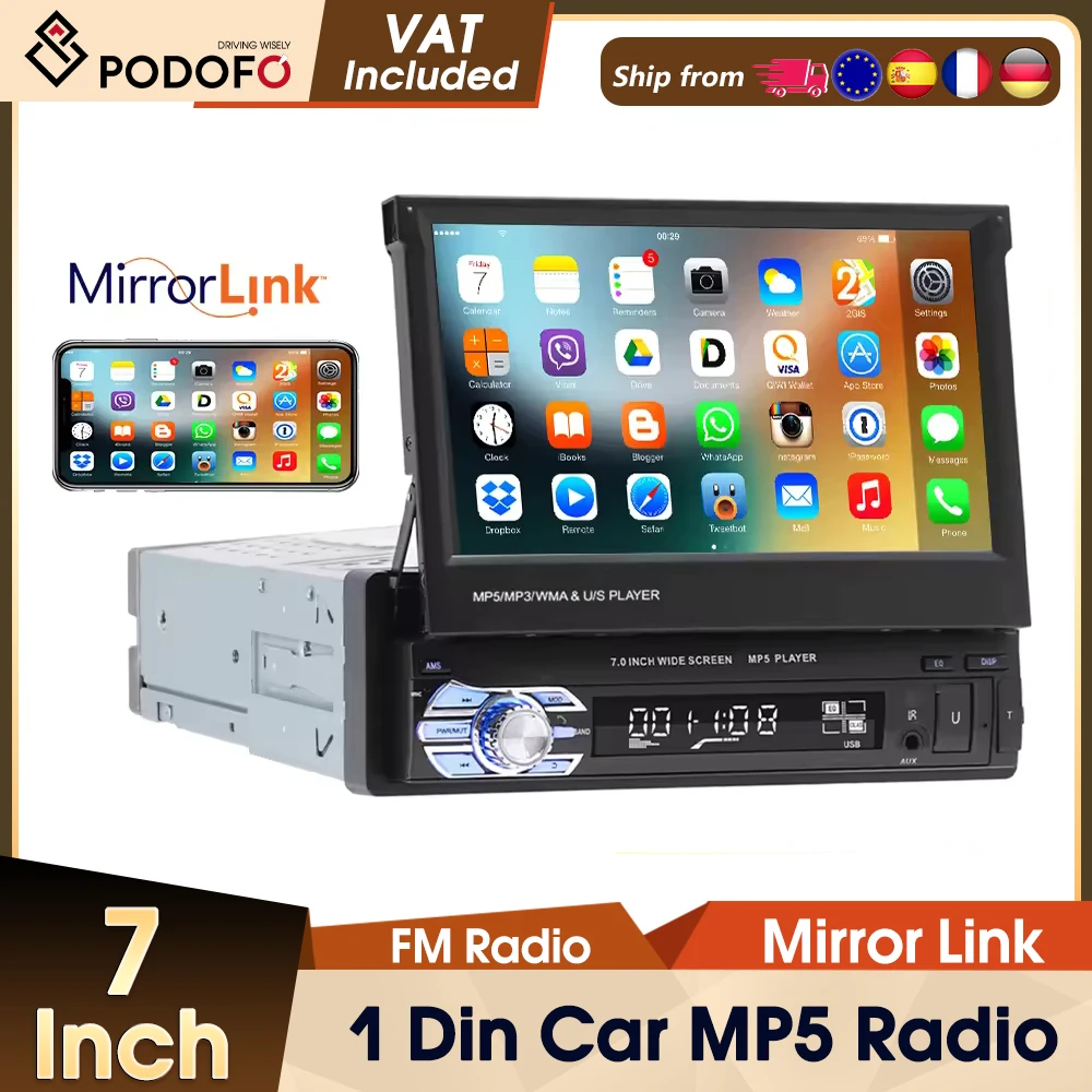 Podofo 1DIN 7-Zoll Autoradio mit ausfahrbarem Touchscreen, Bluetooth, Multimedia-Player, FM, USB, AUX, Audio